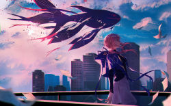 Rule 34 | 1girl, absurdres, black shirt, blue sky, braid, breasts, building, cloud, cloudy sky, day, floating hair, from side, highres, kaf (kamitsubaki studio), kamitsubaki studio, long hair, long sleeves, looking away, outdoors, parted lips, pink hair, profile, re:rin, shirt, skirt, sky, skyscraper, small breasts, solo, virtual youtuber, white skirt