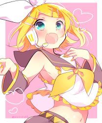 Rule 34 | 1girl, :d, aqua eyes, arched back, armpits, bare shoulders, blonde hair, blush, bow, breasts, detached sleeves, fang, frill trim, frilled shirt, frills, hair bow, hair ornament, hairclip, hand on own chest, headphones, headset, heart, highres, kagamine rin, kawahara chisato, leg warmers, midriff, nail polish, navel, open mouth, pink background, sailor collar, shirt, short hair, sideboob, sleeveless, sleeveless shirt, smile, solo, twitter username, upper body, vocaloid, yellow nails
