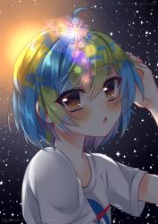 Rule 34 | 1girl, :o, absurdres, aerial fireworks, ahoge, artist name, bad id, bad pixiv id, blue hair, blush, brown eyes, chipsy kura chan, commentary, earth-chan, facebook username, fireworks, green hair, hand on own head, hand up, highres, humanization, looking at viewer, multicolored hair, nasa, new year, original, personification, portrait, shirt, short hair, short sleeves, signature, sky, solo, space, star (sky), starry sky, sun, sunlight, watermark, web address, white shirt