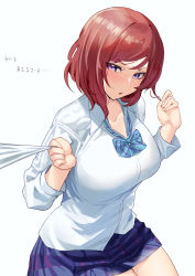 Rule 34 | 1girl, absurdres, alternate breast size, bow, bowtie, breasts, collared shirt, hands up, highres, large breasts, long hair, looking at viewer, loose bowtie, love live!, medium hair, namazu (yamasonson), nishikino maki, otonokizaka school uniform, parted lips, plaid, plaid skirt, playing with own hair, purple eyes, red hair, school uniform, shirt, shirt tug, simple background, skirt, solo, striped bow, striped bowtie, striped clothes, translated, v-shaped eyebrows, white background, white shirt