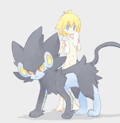Rule 34 | 1boy, akasaka (qv92612), barefoot, blocking, blonde hair, blue eyes, bottomless, clemont (pokemon), closed mouth, collarbone, commentary request, creatures (company), game freak, gen 4 pokemon, grey background, holding, holding towel, looking to the side, luxray, navel, nintendo, pokemon, pokemon (creature), pokemon xy, standing, sweat, toes, towel, towel around neck, white towel