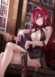 Rule 34 | 1girl, arknights, bare arms, bare legs, bare shoulders, black dress, breasts, center opening, cleavage, couch, cross, demon horns, dress, halter dress, halterneck, highres, horns, indoors, jewelry, crossed legs, long hair, looking at viewer, medium breasts, nail polish, necklace, no bra, purple eyes, red hair, ru zhai, short dress, side slit, sitting, sleeveless, sleeveless dress, solo, surtr (arknights), thighs, wing collar