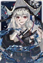 Rule 34 | 1girl, :d, absurdres, arknights, belt, black dress, black hat, blue ribbon, blush, commentary, cowboy shot, dress, grey hair, hair between eyes, hand on own cheek, hand on own face, hands up, hat, highres, long hair, long sleeves, looking at viewer, lower teeth only, monkeyball2011, open mouth, red eyes, red ribbon, ribbon, signature, slit pupils, smile, solo, specter (arknights), specter the unchained (arknights), symbol-only commentary, teeth, very long hair, water