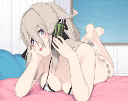 Rule 34 | 1girl, bare arms, bare shoulders, barefoot, bendy straw, black ribbon, blush, bra, breasts, can to cheek, cleavage, collarbone, commentary request, drinking straw, eyes visible through hair, feet, grey hair, hair between eyes, hair ribbon, highres, looking at viewer, lying, medium breasts, monster energy, olive (laai), on bed, on stomach, original, panties, ribbon, solo, the pose, toes, tongue, tongue out, towel, towel on head, underwear, white bra