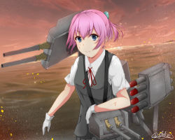 Rule 34 | 10s, 1girl, aga marino, bleeding, blood, blood on arm, blood on face, blouse, blue eyes, closed mouth, collarbone, cuts, eyebrows, gloves, grey skirt, grey vest, hair ornament, horizon, injury, kantai collection, looking at viewer, machinery, neck ribbon, ocean, outdoors, pink hair, pleated skirt, pocket, ponytail, red ribbon, ribbon, shiranui (kancolle), shirt, short sleeves, signature, skirt, smile, solo, sunset, torn clothes, torn sleeves, turret, twitter username, vest, white gloves, white shirt