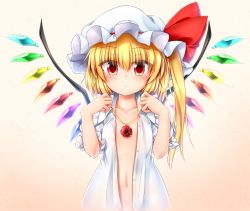 Rule 34 | 1girl, :o, absurdres, blonde hair, blush, collarbone, flandre scarlet, gem, gradient background, hat, hat ribbon, highres, jewelry, looking at viewer, marukyuu ameya, mob cap, naked shirt, navel, necklace, open clothes, open shirt, puffy short sleeves, puffy sleeves, red eyes, red ribbon, ribbon, shirt, short sleeves, side ponytail, solo, touhou, upper body, white hat, white shirt, wings