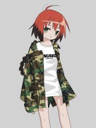 Rule 34 | 1girl, ahoge, blush stickers, braid, brown hair, camouflage, camouflage jacket, character name, contrapposto, gishiki (gshk), green eyes, green jacket, grey background, highres, jacket, kill me baby, long hair, long sleeves, looking at viewer, multicolored hair, open clothes, open jacket, parted lips, red hair, shirt, simple background, solo, standing, two-tone hair, typo, unused character (kill me baby), white shirt