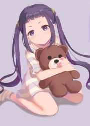 Rule 34 | 1girl, absurdres, aged down, blunt bangs, commentary, file112056, highres, looking at viewer, oogaki chiaki, purple eyes, purple hair, simple background, sitting, solo, stuffed animal, stuffed toy, teddy bear, twintails, wariza, yurucamp