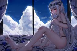 Rule 34 | 1girl, bare arms, bare legs, bare shoulders, barefoot, blue flower, blue sky, cloud, commentary request, day, flower, head wreath, linz (linzimmm), long hair, nail polish, original, pointy ears, red eyes, silver hair, sitting, sky, solo, thighs, toenail polish, toenails, very long hair