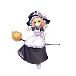 Rule 34 | 1girl, apron, black hat, blonde hair, bow, braid, broom, broom riding, embodiment of scarlet devil, frilled hat, frills, full body, game cg, hand on headwear, hat, hat bow, highres, kirisame marisa, looking at viewer, medium hair, rotte (1109), short sleeves, side braid, simple background, single braid, solo, third-party source, touhou, touhou lostword, white apron, white background, white bow, witch hat, yellow eyes