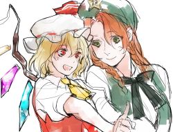 Rule 34 | 2girls, asakura noi, ascot, beret, blonde hair, braid, chinese clothes, collared shirt, flandre scarlet, green eyes, hat, hat ribbon, hong meiling, index finger raised, long hair, looking at another, mob cap, multiple girls, neck ribbon, open mouth, orange hair, red eyes, ribbon, shirt, short hair, sketch, smile, star (symbol), touhou, twin braids, upper body, vest, white background, wings