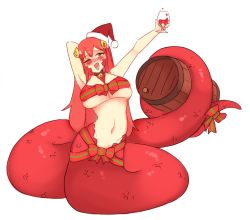 Rule 34 | 1girl, arms up, barrel, bell, blush, breasts, christmas, cup, drunk, full body, hair ornament, hairclip, hat, holding, holding cup, holding with tail, jingle bell, lamia, large breasts, long hair, miia (monster musume), monster girl, monster musume no iru nichijou, navel, nose blush, one eye closed, open mouth, prehensile tail, red hair, red hat, rtil, santa hat, second-party source, simple background, solo, tail, white background