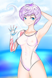 Rule 34 | 1girl, absurdres, arm behind head, artificial limb, blue eyes, breasts, cloud, cloudy sky, collarbone, cowboy shot, highres, looking at viewer, medium breasts, ocean, one-piece swimsuit, original, outdoors, prosthesis, prosthetic arm, purple eyes, see-through, short hair, sky, smile, solo, standing, swimsuit, waving