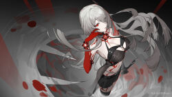 Rule 34 | 1girl, acheron (honkai: star rail), bare shoulders, black choker, black coat, black gloves, black shorts, body markings, boots, breasts, choker, cleavage, coat, coattails, detached sleeves, flower, gloves, hair over one eye, highres, holding, holding sword, holding weapon, honkai: star rail, honkai (series), kubing aaa, large breasts, long hair, looking at viewer, midriff, navel, official alternate color, official alternate hair color, red eyes, red flower, short shorts, shorts, solo, standing, stomach, sword, thigh boots, water, weapon, white hair