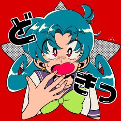 Rule 34 | 1girl, :o, blue hair, blush, bow, bowtie, bright pupils, character request, commentary request, copyright request, earrings, fang, fingernails, green bow, green bowtie, hair intakes, halftone, halftone background, hand to own mouth, highres, jewelry, long hair, looking at viewer, messy hair, nose blush, nui inu, open mouth, pink eyes, purple sailor collar, raised eyebrows, red background, retro artstyle, sailor collar, sailor shirt, shirt, short sleeves, signature, simple background, solo, star (symbol), surprised, sweatdrop, translation request, white pupils, white shirt, wide-eyed