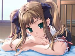 Rule 34 | 1girl, black sleeves, blue bow, bow, brown hair, collarbone, crossed arms, game cg, green eyes, hair bow, indoors, l&#039;heure bleue, lise (l&#039;heure bleue), long hair, mizutani tooru, parted lips, pink ribbon, ribbon, short sleeves, solo, twintails, upper body