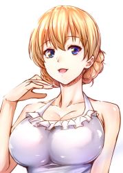 Rule 34 | 10s, 1girl, blonde hair, blue eyes, braid, breasts, cleavage, collarbone, darjeeling (girls und panzer), frilled swimsuit, frills, girls und panzer, halterneck, large breasts, looking at viewer, one-piece swimsuit, parted lips, portrait, shirt, short hair, simple background, smile, solo, swimsuit, twin braids, white background, white one-piece swimsuit, white shirt, zucchini