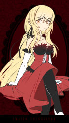 Rule 34 | 1girl, alternate breast size, angelica (k3lly), arm support, black pantyhose, black ribbon, blonde hair, breasts, cleavage, closed mouth, dress, hair between eyes, hair ribbon, highres, kiss-shot acerola-orion heart-under-blade, kizumonogatari, lace background, long hair, looking at viewer, medium breasts, monogatari (series), oshino shinobu, pantyhose, red dress, ribbon, simple background, sitting, solo, strapless, strapless dress, twitch username, vampire, very long hair, yellow eyes