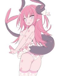 Rule 34 | 10s, 1girl, :d, ass, bare arms, bare shoulders, bikini, blade (galaxist), blush, breasts, commentary request, cowboy shot, curled horns, dragon girl, dragon horns, dragon tail, elizabeth bathory (fate), elizabeth bathory (fate/extra ccc), fate/extra, fate/extra ccc, fate (series), hair between eyes, hair ribbon, horns, long hair, looking at viewer, looking back, open mouth, pink hair, purple eyes, ribbon, small breasts, smile, solo, standing, swimsuit, tail, tail raised, thighhighs, two side up, very long hair, white bikini, white ribbon, white thighhighs