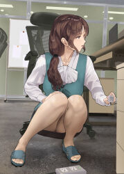 Rule 34 | 1girl, absurdres, ascot, black skirt, blue footwear, blue vest, brown eyes, brown hair, brown pantyhose, carpet, chair, desk, electric plug, electrical outlet, full body, hair over shoulder, hair tie, hand on own knee, highres, indoors, long hair, long sleeves, looking to the side, mature female, monitor, office, office chair, office lady, original, pantyhose, pencil skirt, sandals, shirt, skirt, solo, squatting, swivel chair, vest, white ascot, white shirt, whiteboard, yewang19