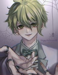 Rule 34 | 1boy, :d, amami rantaro, bow, bowtie, bug, commentary request, danganronpa (series), danganronpa v3: killing harmony, ear piercing, earrings, gradient background, green bow, green bowtie, green eyes, green hair, grey background, grey jacket, hands up, happy halloween, highres, jacket, jewelry, looking at viewer, male focus, nail polish, official alternate costume, open mouth, piercing, portrait, red nails, ring, short hair, silk, skull, smile, solo, spider, spider web, teeth, upper teeth only, yumezu (yu me zu)