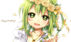 Rule 34 | 1girl, :d, bad id, bad pixiv id, green eyes, green hair, gumi, happy birthday, ichinose yukino, jewelry, matching hair/eyes, nail polish, necklace, open mouth, petals, smile, solo, vocaloid