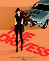 Rule 34 | 1girl, black gloves, black pants, black shirt, blue eyes, blush, brown hair, car, collarbone, commentary, english commentary, floating hair, full body, gloves, highres, jewelry, long hair, looking at viewer, milan rosko, motor vehicle, muscle car, necklace, original, pants, parted lips, pink lips, poster (medium), print shirt, radio antenna, red shirt, shadow, shirt, solo, standing, very long hair