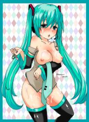Rule 34 | 1girl, aftersex, ass, bare shoulders, black thighhighs, blush, breasts, condom, convenient censoring, cum, cum on body, cum on breasts, cum on upper body, facial, green eyes, green hair, hatsune miku, holding, holding condom, kusoyuridanchi, large breasts, long hair, nipples, no panties, open mouth, solo, standing, thighhighs, vocaloid