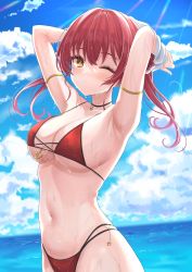 Rule 34 | 1girl, absurdres, anchor ornament, armband, arms up, bikini, blue sky, blush, breasts, choker, cleavage, closed mouth, cloud, day, floating hair, hair ribbon, hayashi takeo, highres, hololive, houshou marine, long hair, looking at viewer, medium breasts, navel, ocean, one eye closed, pendant choker, red bikini, red hair, red ribbon, ribbon, unworn shirt, sky, solo, sunlight, swimsuit, twintails, virtual youtuber, water, water drop, wet, wet hair, yellow eyes
