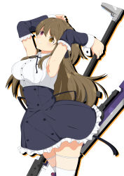 Rule 34 | 1girl, absurdres, armpits, arms behind head, arms up, assault lily, black ribbon, black skirt, breasts, brown hair, buttons, collared shirt, commentary, cowboy shot, detached sleeves, drop shadow, frilled skirt, frilled sleeves, frills, hair between eyes, hair ribbon, heterochromia, high-waist skirt, highres, holding, holding weapon, kuo shenlin, large breasts, light blush, long hair, long sleeves, looking at viewer, miniskirt, neck ribbon, one side up, parted lips, pink eyes, ribbon, school uniform, senri (senri03151221), shirt, sidelocks, simple background, skirt, sleeveless, sleeveless shirt, solo, standing, thighhighs, very long hair, weapon, weapon behind back, white background, white shirt, white thighhighs, yellow eyes, yurigaoka girls academy school uniform