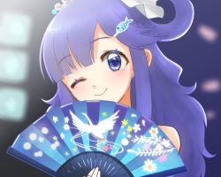 Rule 34 | + +, 10s, 1girl, asari nanami, bad id, bad pixiv id, bare shoulders, blue eyes, blue hair, blush, commentary request, fish hair ornament, folding fan, hair ornament, hairclip, hand fan, idolmaster, idolmaster cinderella girls, idolmaster cinderella girls starlight stage, long hair, looking at viewer, one eye closed, smile, solo, symbol-shaped pupils, taisa (szkomc)