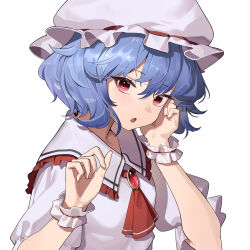Rule 34 | 1girl, :o, absurdres, ascot, blue hair, commentary request, feishi, frilled wrist cuffs, frills, hands up, hat, highres, looking at viewer, mob cap, open mouth, puffy short sleeves, puffy sleeves, red ascot, red brooch, red eyes, remilia scarlet, shirt, short hair, short sleeves, simple background, solo, touhou, upper body, white background, white hat, white shirt, wrist cuffs