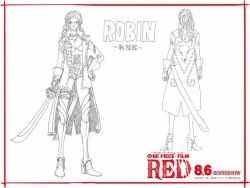 Rule 34 | 1girl, belt, breasts, character name, character sheet, cleavage, concept art, copyright name, curvy, gloves, happy, high heels, jewelry, long hair, monochrome, nico robin, oda eiichirou, official art, one piece, one piece film: red, simple background, sketch, smile, solo, source request, standing, sword, wavy hair, weapon, white background