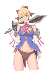 Rule 34 | 1girl, armor, bare shoulders, blonde hair, bow, breasts, cassandra alexandra, cleavage, contrapposto, cowboy shot, elbow gloves, gloves, gluteal fold, gold trim, green eyes, holding, holding sword, holding weapon, looking at viewer, medium breasts, midriff, navel, over shoulder, panties, popo agaga, short hair, simple background, smile, solo, soul calibur, soulcalibur, soulcalibur iv, standing, sword, underwear, weapon, weapon over shoulder, white background