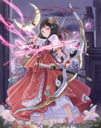 Rule 34 | 10s, armor, arrow (projectile), battle maiden sayorihime, bow, brown hair, building, cardfight!! vanguard, crescent moon, flower, hair ornament, japanese clothes, katana, kimono, long hair, looking at viewer, miko, moon, oracle think tank, pink eyes, ribbon, sword, weapon, yin yang