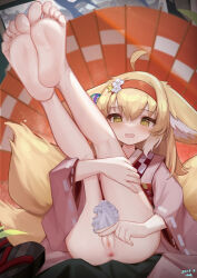 Rule 34 | 1girl, ahoge, animal ears, anus, arknights, barefoot, blonde hair, censored, dated, fang, feet, green eyes, hairband, highres, japanese clothes, kalun (fwme3378), kneepits, legs up, light blush, long hair, looking at viewer, multiple tails, no panties, open mouth, pussy, signature, sitting, skin fang, soles, solo, suzuran (arknights), tail, toes