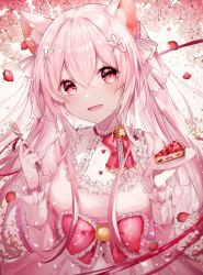 Rule 34 | 1girl, absurdres, animal ears, bell, berry, cat ears, cat girl, flower, food, fork, fruit, hair between eyes, highres, holding, holding fork, holding plate, noyu (noyu23386566), open mouth, original, pink eyes, pink theme, plate, ribbon, smile, solo, strawberry, utensil