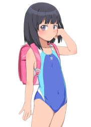 Rule 34 | 1girl, backpack, bag, black hair, blue one-piece swimsuit, blunt bangs, blush, bubukka, closed mouth, collarbone, competition swimsuit, covered navel, flat chest, himenogi rinze, love r, one-piece swimsuit, purple eyes, randoseru, short hair, simple background, solo, standing, swimsuit, white background