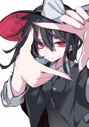 Rule 34 | 1girl, black hair, black hat, bow, closed mouth, fedora, finger frame, hat, hat bow, highres, long sleeves, looking at viewer, medium hair, muraryo, red eyes, simple background, solo, touhou, upper body, usami renko, white background, white bow