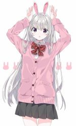Rule 34 | 1girl, :o, animal ears, arms up, black skirt, blush, bow, cardigan, collared shirt, commentary request, cowboy shot, dress shirt, fake animal ears, grey hair, hair between eyes, hairband, highres, long hair, looking at viewer, original, parted lips, pink cardigan, plaid, plaid bow, pleated skirt, purple eyes, rabbit ears, rabbit pose, red bow, school uniform, shirt, simple background, skirt, solo, standing, tantan men (dragon), very long hair, white background, white hairband, white shirt
