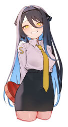 Rule 34 | 1girl, :d, absurdres, arms behind back, black hair, black hairband, black ribbon, black skirt, blue hair, blush, box, breasts, collared shirt, colored inner hair, commentary request, cropped legs, firehippo, gangzi (vtuber), gradient hair, grin, hair between eyes, hair intakes, hair ribbon, hairband, head tilt, heart-shaped box, high-waist skirt, highres, holding, holding box, long hair, long sleeves, looking at viewer, medium breasts, miniskirt, multicolored hair, necktie, open mouth, parted bangs, pencil skirt, raised eyebrows, ribbon, shirt, shirt tucked in, simple background, skirt, smile, solo, stellive, taut clothes, taut skirt, teeth, thick eyebrows, thighs, turning head, very long hair, virtual youtuber, white background, white shirt, yellow eyes, yellow necktie