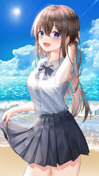 Rule 34 | 1girl, absurdres, beach, black skirt, blue eyes, blue sky, blush, brown hair, clothes lift, cloud, collared shirt, commentary, contrail, day, hand in own hair, highres, horizon, li se, lifted by self, long hair, looking at viewer, ocean, open mouth, original, outdoors, school uniform, shirt, short sleeves, sidelocks, skirt, skirt lift, sky, smile, solo, summer, sun, teeth, uniform, upper teeth only, water, waves, white shirt