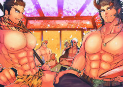 Rule 34 | 5boys, :q, abs, animal print, baby, bara, bare pectorals, bead bracelet, bead necklace, beads, belly, blue hair, bracelet, broken horn, brown hair, bulge, character request, cherry blossoms, chest hair, cross scar, cup, dark-skinned male, dark blue hair, dark skin, demon boy, demon horns, facial hair, fang, fiery horns, goatee, half mask, horns, houzouin oniwaka, ibaraki (housamo), jewelry, large pectorals, long sideburns, magatama, magatama necklace, male focus, male underwear, mask, mature male, monster boy, multiple boys, muscular, muscular male, navel, necklace, nipples, oni, oni horns, pectoral cleavage, pectorals, peeking out, petals, print male underwear, revealing clothes, sakazuki, scar, scar on face, scar on forehead, scar on neck, scarf, short hair, shuten douji (housamo), sideburns, sidepec, sitting, stomach, stubble, takemaru (housamo), thick eyebrows, thighs, tiger print, tohno motosumi, tokyo houkago summoners, tongue, tongue out, topless male, touoh, turn pale, underwear, unworn mask, yellow scarf