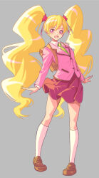 Rule 34 | 1girl, :d, blonde hair, commentary request, cosplay, cure peach, eyelashes, fresh precure!, grey background, hair ornament, happy, highres, jj (ssspulse), long hair, looking at viewer, magical girl, momozono love, momozono love (cosplay), open mouth, pink eyes, precure, school uniform, self cosplay, shoes, simple background, skirt, smile, socks, solo, standing, twintails