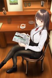 Rule 34 | 1girl, ankle boots, bad id, bad pixiv id, black footwear, black pantyhose, blush, boots, chair, closed mouth, cup, eyebrows, fork, frilled sleeves, frills, from above, highres, holding, indoors, long hair, long sleeves, looking at viewer, looking to the side, magazine (object), menu, minagiku, neck ribbon, on chair, open magazine, original, pantyhose, plate, poster (object), red eyes, red ribbon, restaurant, ribbon, saucer, shade, shirt, shoes, sitting, smile, solo, suspenders, tea, teacup, white shirt, wooden floor
