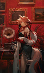 Rule 34 | 1girl, animal ears, antique phone, arknights, black dress, breasts, cat ears, cat girl, detached sleeves, drawing (object), dress, evening gown, from side, fur shawl, gloves, hair ears, heidi (arknights), highres, kumatangent, large breasts, looking to the side, orange hair, phone, phonograph, picture frame, red gloves, rotary phone, shawl, string, string of fate