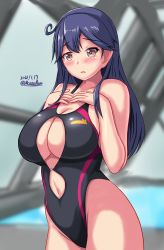 Rule 34 | 1girl, ahoge, black one-piece swimsuit, blue hair, blurry, blurry background, blush, breasts, cleavage, clothing cutout, competition swimsuit, cowboy shot, dated, highres, kantai collection, large breasts, long hair, montemasa, navel, one-hour drawing challenge, one-piece swimsuit, open mouth, pool, purple eyes, rei no pool, solo, standing, stomach cutout, swimsuit, twitter username, ushio (kancolle)