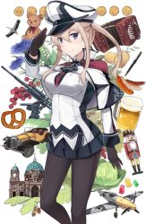 Rule 34 | &gt;:), 10s, 1girl, aircraft, airplane, bird, black gloves, black hat, black pantyhose, black skirt, blonde hair, blue eyes, cabbage, capelet, car, coin, food, gloves, graf zeppelin (kancolle), hair between eyes, hat, highres, ido (teketeke), kantai collection, long hair, long sleeves, military, military uniform, motor vehicle, pantyhose, peaked cap, pleated skirt, potato, sausage, sidelocks, skirt, smile, solo, stuffed animal, stuffed toy, teddy bear, twintails, uniform, v-shaped eyebrows, white background, white hat