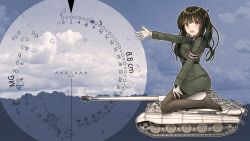 Rule 34 | 1girl, armband, black hair, blunt bangs, brown eyes, caterpillar tracks, gloves, highres, long hair, mg 42, military, military uniform, military vehicle, motor vehicle, open mouth, original, pantyhose, reticule, riding, rupe paperu, skirt, solo, tank, tiger ii, twintails, uniform, vehicle, wehrmacht, world war ii