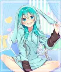 Rule 34 | 1girl, animal ears, animal hood, aqua eyes, aqua hair, aqua hoodie, asagao minoru, between legs, blush, bow, bowtie, curtains, feet out of frame, feet together, frilled pillow, frills, hand between legs, hatsune miku, heart, holding ears, hood, hoodie, knees apart feet together, light blush, long hair, looking at viewer, making-of available, open mouth, pillow, rabbit ears, rabbit hood, sitting, smile, solo, vocaloid